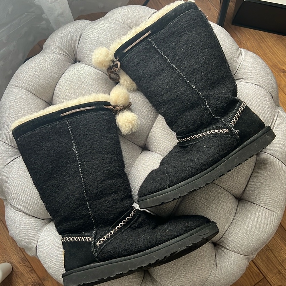 UGG Black Wool Tall Boots Pom Pom Shearling Lined Limited Edition Size 7